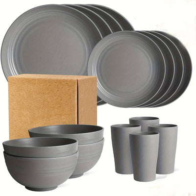 Juego de vajilla familiar premium para exteriores - 16 piezas irrompibles, aptas para microondas y lavavajillas, set negro con 8 platos, 4 tazones y 4 tazas