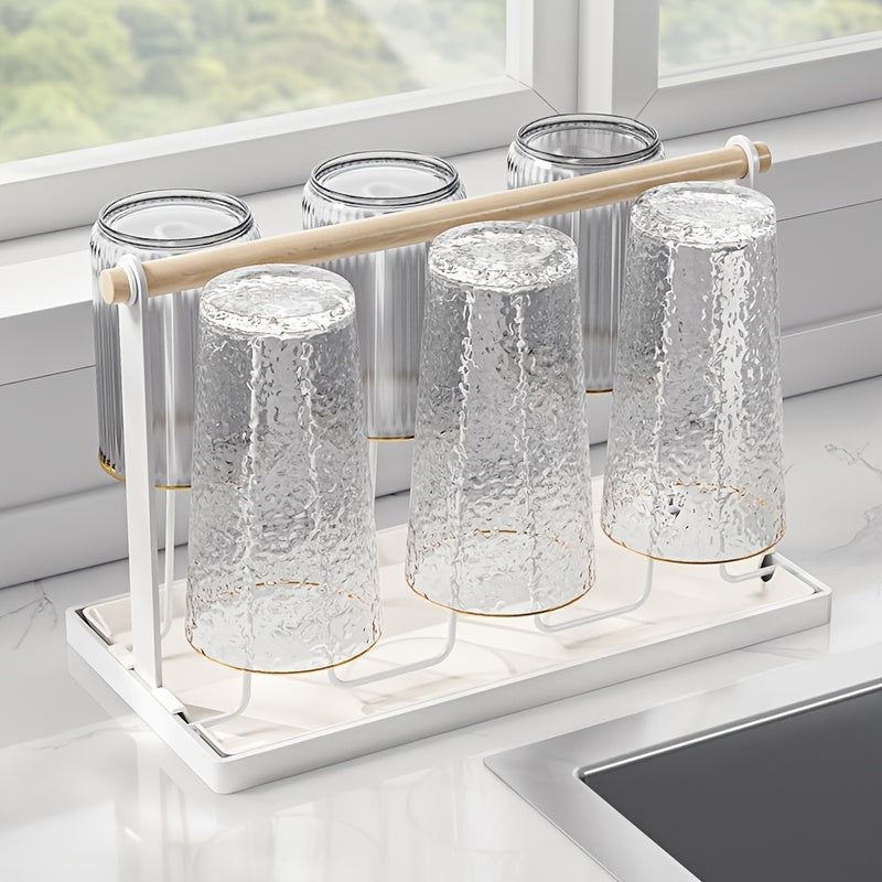 Estante de secado de tazas con mango de madera, soporte de tazas de metal con 6 bandejas de drenaje desmontables, diseño de hierro duradero, recubrimiento anticorrosivo, estante de secado de platos para encimera de cocina.