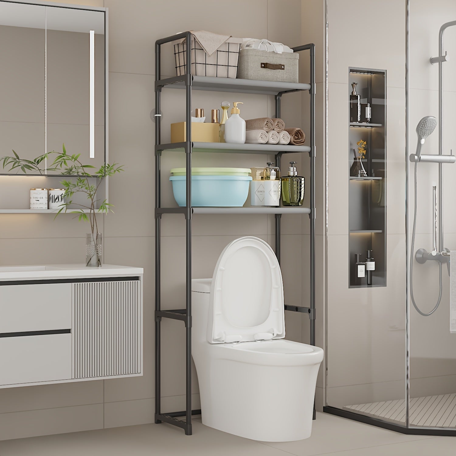 1 pieza, Organizador de baño de metal de varios niveles independiente - Negro elegante, fácil de ensamblar, diseño que ahorra espacio para artículos de tocador y accesorios, organizadores y almacenamiento de baño, estantes