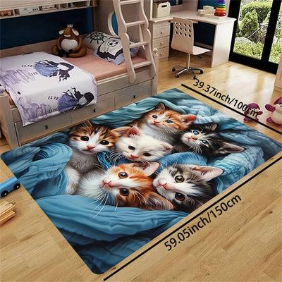 1pc Alfombra de Área con Diseño de Gatito Adorable - 8mm de Grosor, Poliéster Suave, Lavable a Máquina - Perfecta para Cocina, Sala de Estar, Dormitorio - Alfombra Decorativa para Interiores con Tonos Azules