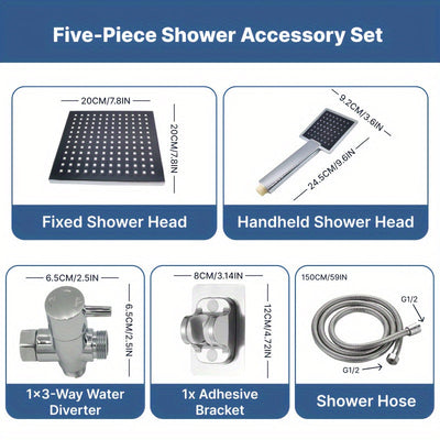 [Ducha de Lluvia Cuadrada de Alta] Set de Ducha de Lluvia Cuadrada de Alta Gama - 1 Set de Ducha de Mano y Cabezal de Ducha Fijo con Manguera Extra Larga, Soporte de Ducha, Divertidor de 3 Vías - Accesorios de Ducha de Lujo para Baño