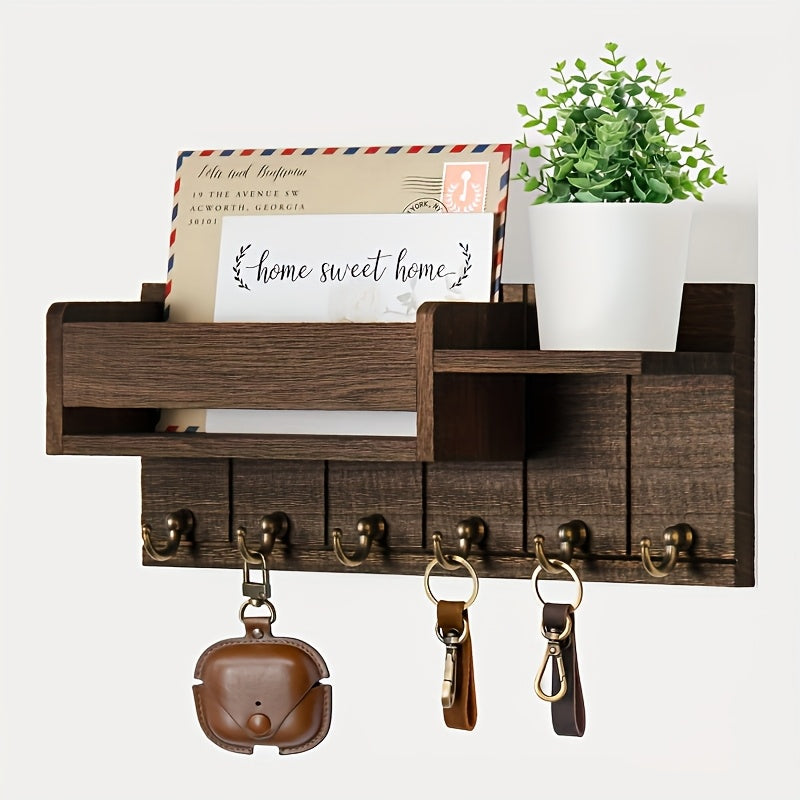 Organizador de llaves y correo con ganchos y estantes de madera reciclada para pared, estilo rústico - Para entrada, cocina o sala, fácil instalación, decoración de alta calidad, acabado con vetas naturales, decoración vintage, organizador para espacios