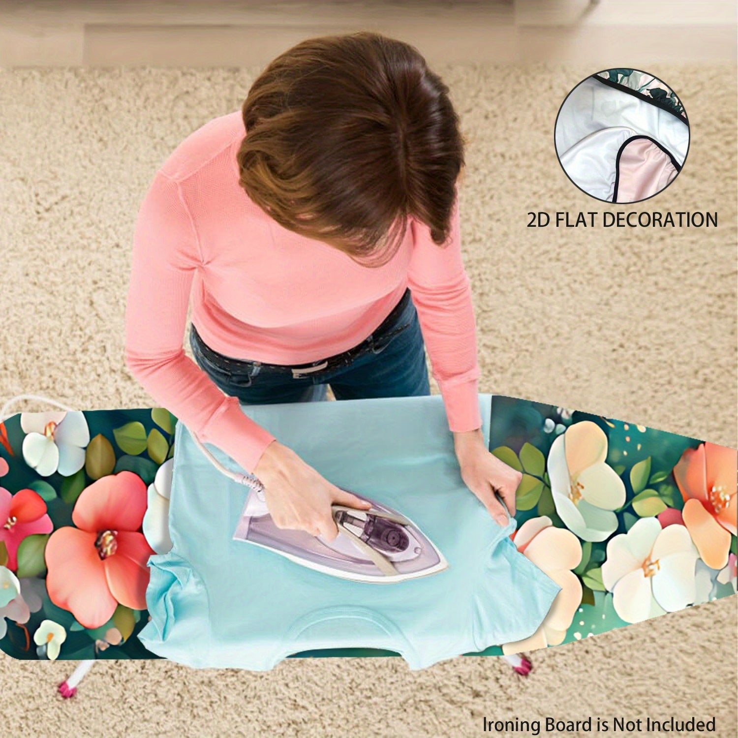 Decoración para Lavandería Floral - Funda de Planchado Lavable en Rosa/Blanco/Azul Verdoso, Compatible con la Mayoría de Tablas de Planchar Estándar, Sin Necesidad de Tableta, Decoración Ahorradora de Espacio, Accesorio Alegre y Duradero, Diseño Noboard,