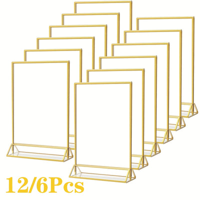 Juego de 6/12 soportes de señalización de acrílico dorado que miden 10,16 cm por 15,24 cm, ideales para números de mesa de bodas, con marcos dobles para mostrar fotos, y que sirven como soportes de menú transparentes o soportes de folletos para bodas, ho