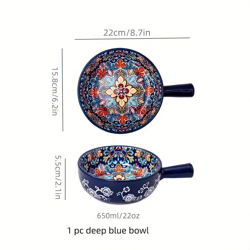 Ensaladera bohemia de cerámica con asa, 22.1 cm, apta para microondas y horno, ideal para hornear y servir en casa