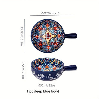 Ensaladera bohemia de cerámica con asa, 22.1 cm, apta para microondas y horno, ideal para hornear y servir en casa