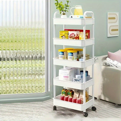 Carrito de Almacenamiento Rodante 3/4/5 Niveles - Organizador Multiusos de Plástico Resistente con Ruedas, Alta Capacidad y Diseño Estable para Dormitorio, Cocina, Camping, Armario, Despensa, Lavandería - Estante Versátil, Bandejas Amplias, Mango Telescó