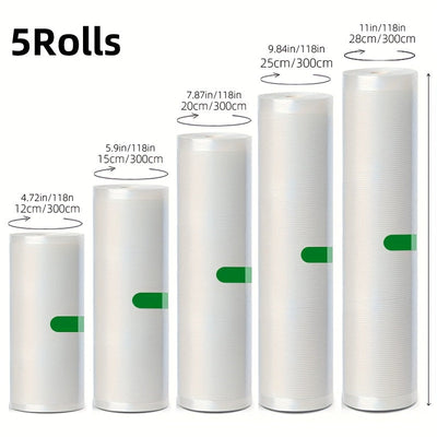 Juego de 5 Rollos Selladores al Vacío Libres de BPA, Bolsas Texturizadas Duraderas y Resistentes a Perforaciones, Ancho Variado (Diversos Anchos) y 3 Metros Cada Uno, Perfecto para la Conservación de Alimentos, Sous Vide y Almacenamiento en Gran Volume,