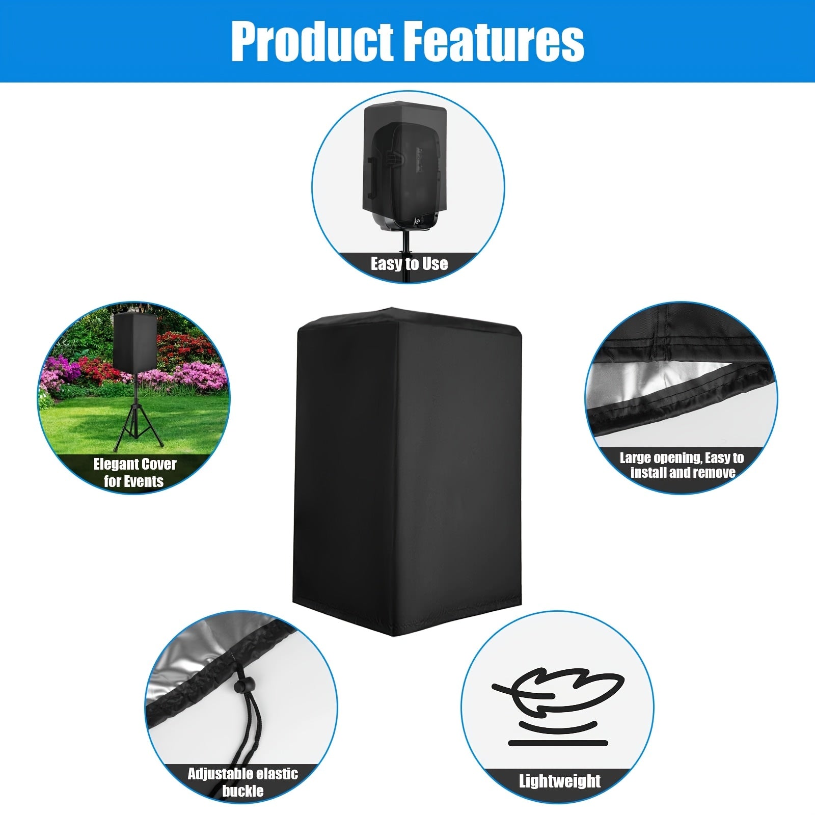 Cubierta Impermeable y Antipolvo para Altavoz - Tela Oxford Recubierta de Plata 210D con Fondo con Cordón, Negra