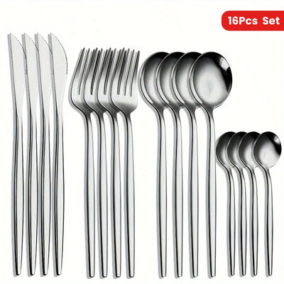 1 Juego De 16 Piezas, Cubiertos Portugueses De Acero Inoxidable, Incluye Cuchillos, Tenedores, Cucharas Y Cucharas De Postre Para 4, Ideal Para Fiestas Y Uso Diario