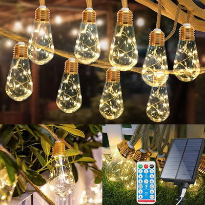 1pc Cadena de Luces Solares Vintage con 16 Bombillas/7.6 metros, IPX4 para Exteriores, 8 Modos de Iluminación, Función de Memoria y Control Remoto, Ideal para Patios, Balcones, Terrazas, Jardines y Navidad