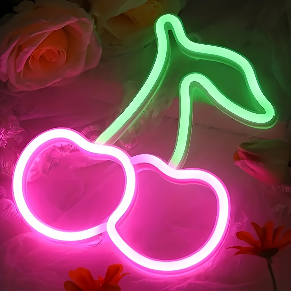 Señal de neón LED en forma de cereza, luz decorativa de neón para colgar en la pared de plástico, con control de interruptor, alimentación USB, para dormitorio, boda, fiesta de cumpleaños, sala de juegos, aniversario, decoración del hogar para el día de
