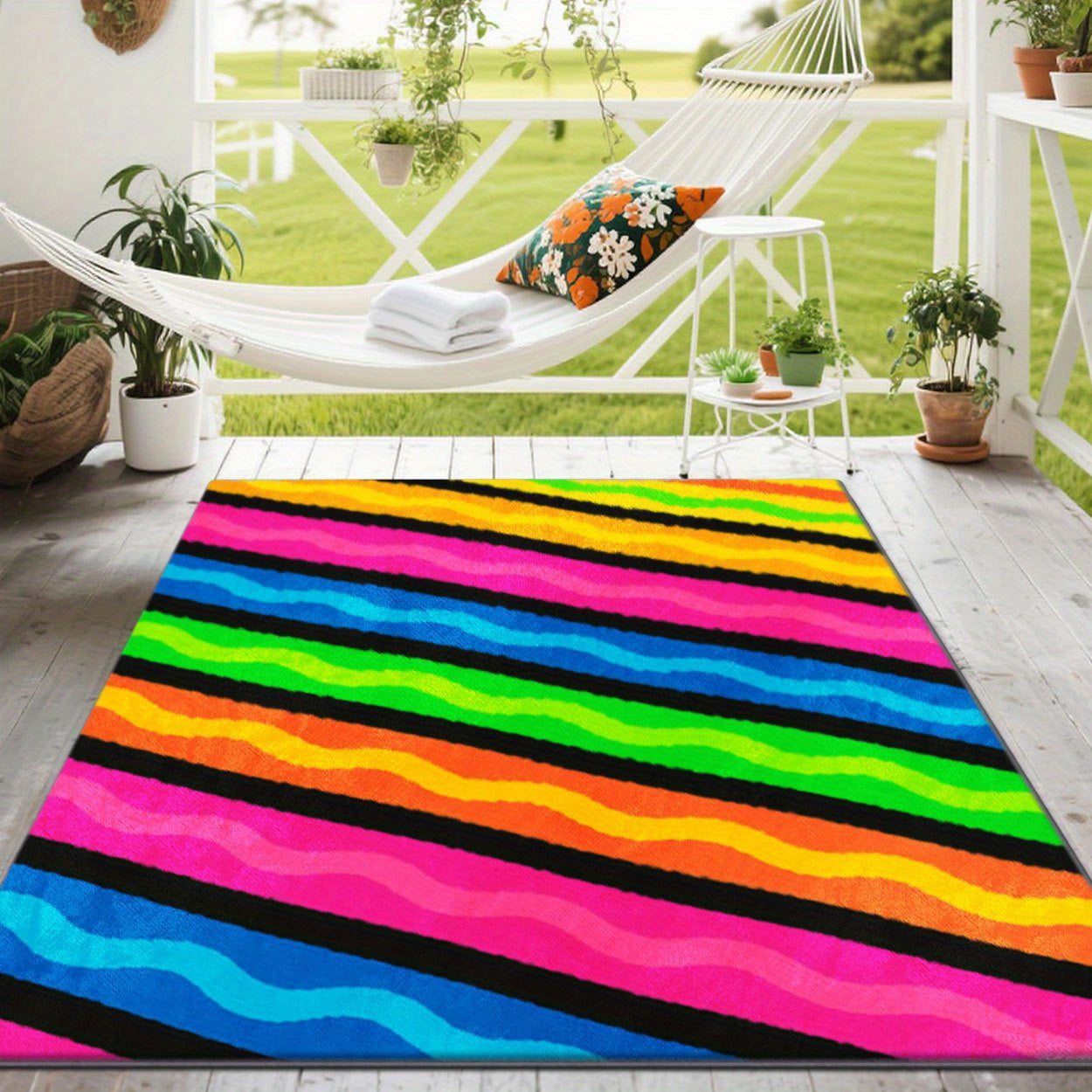 Alfombras de exteriores ZULIDA - Patrón de rayas coloridas, ligero y fácil de limpiar, perfecto para jardín, patio, acampada en RV, patio trasero y pícnic, uso interior/exterior, varios tamaños disponibles, decoración de verano, alfombras de exteriores p