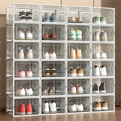 1 Set De 6/12 Piezas, Caja De Zapatos Transparente, Gruesa, Con Tapa, Plegable, Apilable, De Combinación Libre, Contenedor De Plástico Para Zapatillas, Ideal Como Organizador De Almacenamiento, Ahorrador De Espacio, Para Entrada, Dormitorio, Hogar, Decor