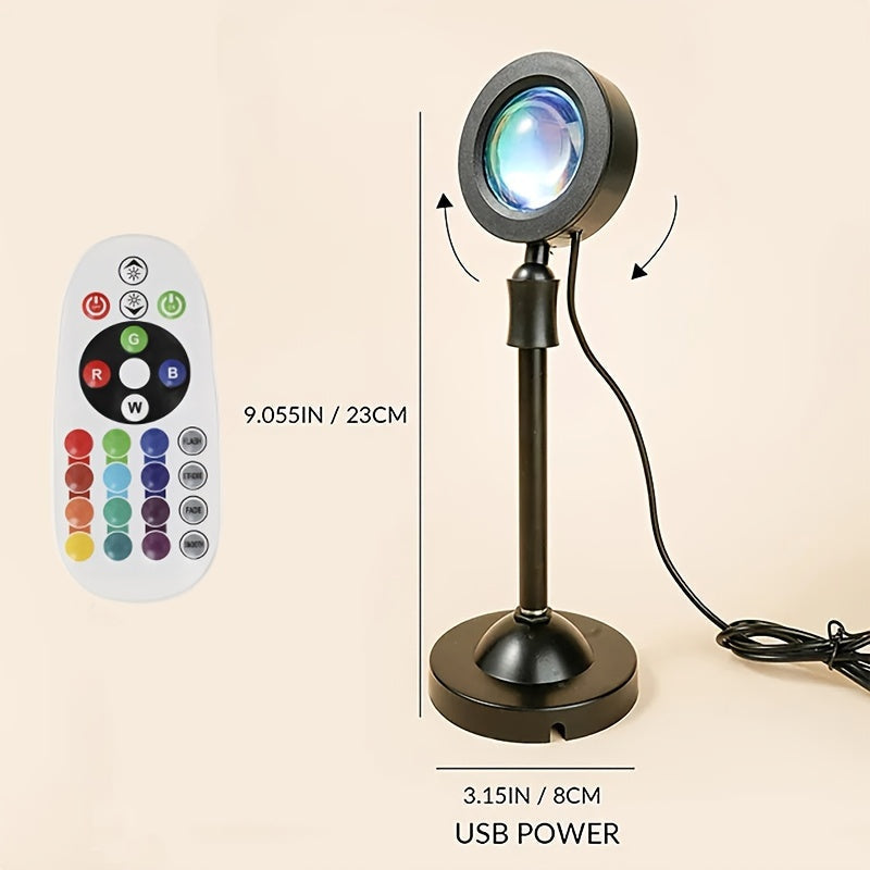Lámpara de proyección de atardecer con USB, 16 colores, rotación 360°, control remoto, luz nocturna para dormitorio, fiestas o bodas, acabado en metal elegante | Solución de iluminación versátil