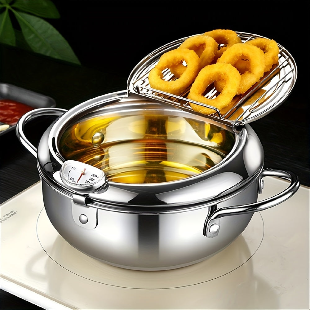 Fritadora de tempura de acero inoxidable - Opción de cocina saludable, fritadora profunda con termómetro, indicador de nivel de aceite y diseño seguro para el contacto con alimentos para huevos fritos perfectos, panqueques y más, opción de cocina saludab