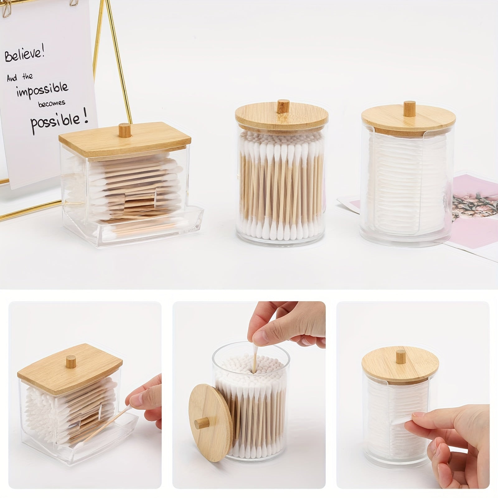 4 contenedores para hisopos, caja organizadora con tapa, dispensador de bolas de algodón de 10/7 oz, frasco de baño para almacenamiento