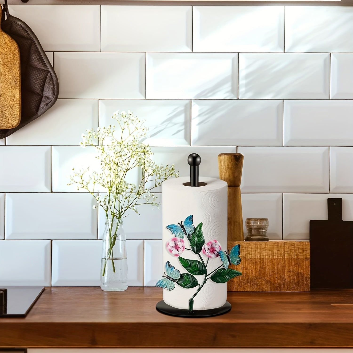 Porta Pañuelos de Metal con Diseño Floral y Mariposas - Dispensador Decorativo para Cocina, Baño o Sala con Base Resistente