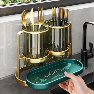Porta cubiertos de lujo de metal y plástico, soporte para utensilios de cocina de pared, sin contacto con alimentos, estante de almacenamiento de drenaje moderno para cuchillos, tenedores, cucharas, cesta de palillos