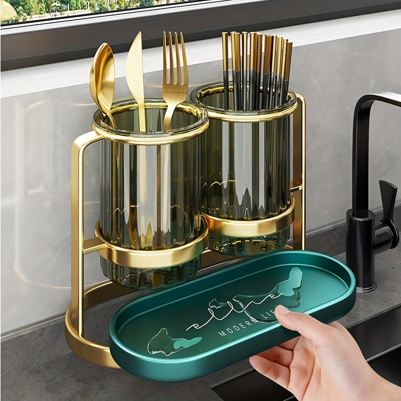 Porta cubiertos de lujo de metal y plástico, soporte para utensilios de cocina de pared, sin contacto con alimentos, estante de almacenamiento de drenaje moderno para cuchillos, tenedores, cucharas, cesta de palillos