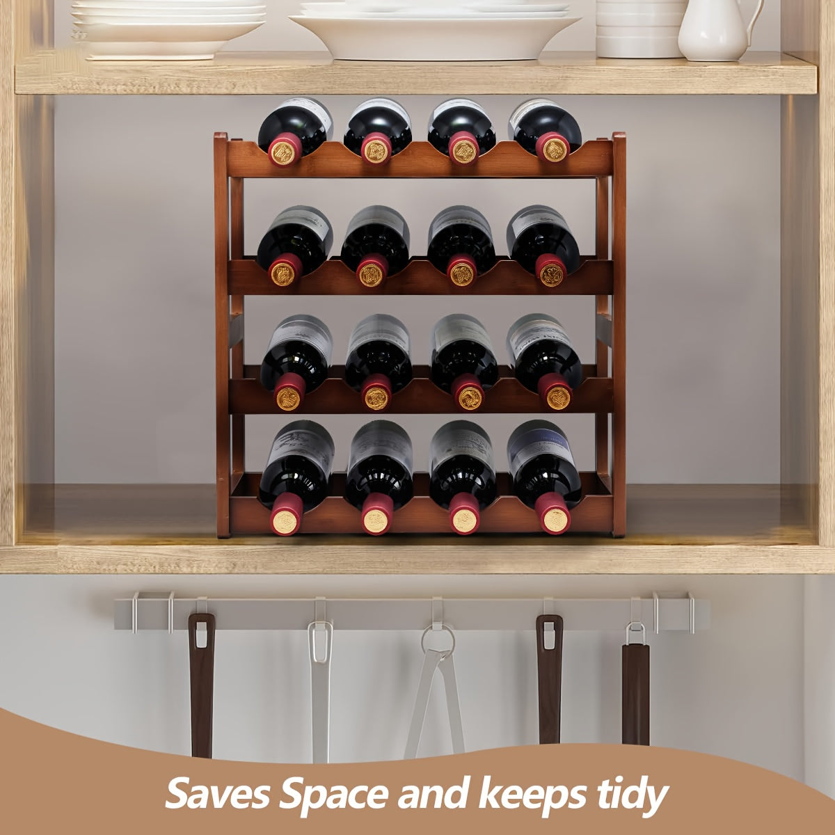 1pieza Estantería de vino de bambú, Soporte de vino apilable, estante de exhibición, organizador de almacenamiento de vino para cocina, bar, bodega de vinos