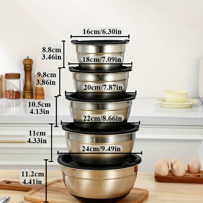 Juego de 5 tazones tapados para cocina, acero inoxidable, ideal para hornear, preparar, cocinar y servir, diseño en capas que ahorra espacio de almacenamiento