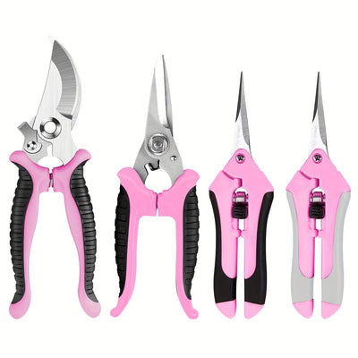Juego de herramientas de podar manual con cuchillas de acero inoxidable, tijeras de jardinería profesionales rosadas para podar flores y jardinaje (4 piezas)