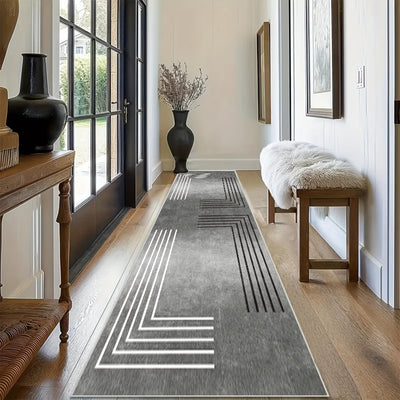 Alfombra geométrica moderna, 1 unidad - Liviana, antideslizante, lavable a máquina, de poliéster, para pasillo, dormitorio, cocina, baño - Diseño rectangular con patrones en zigzag en blanco y gris, tapetes para sala