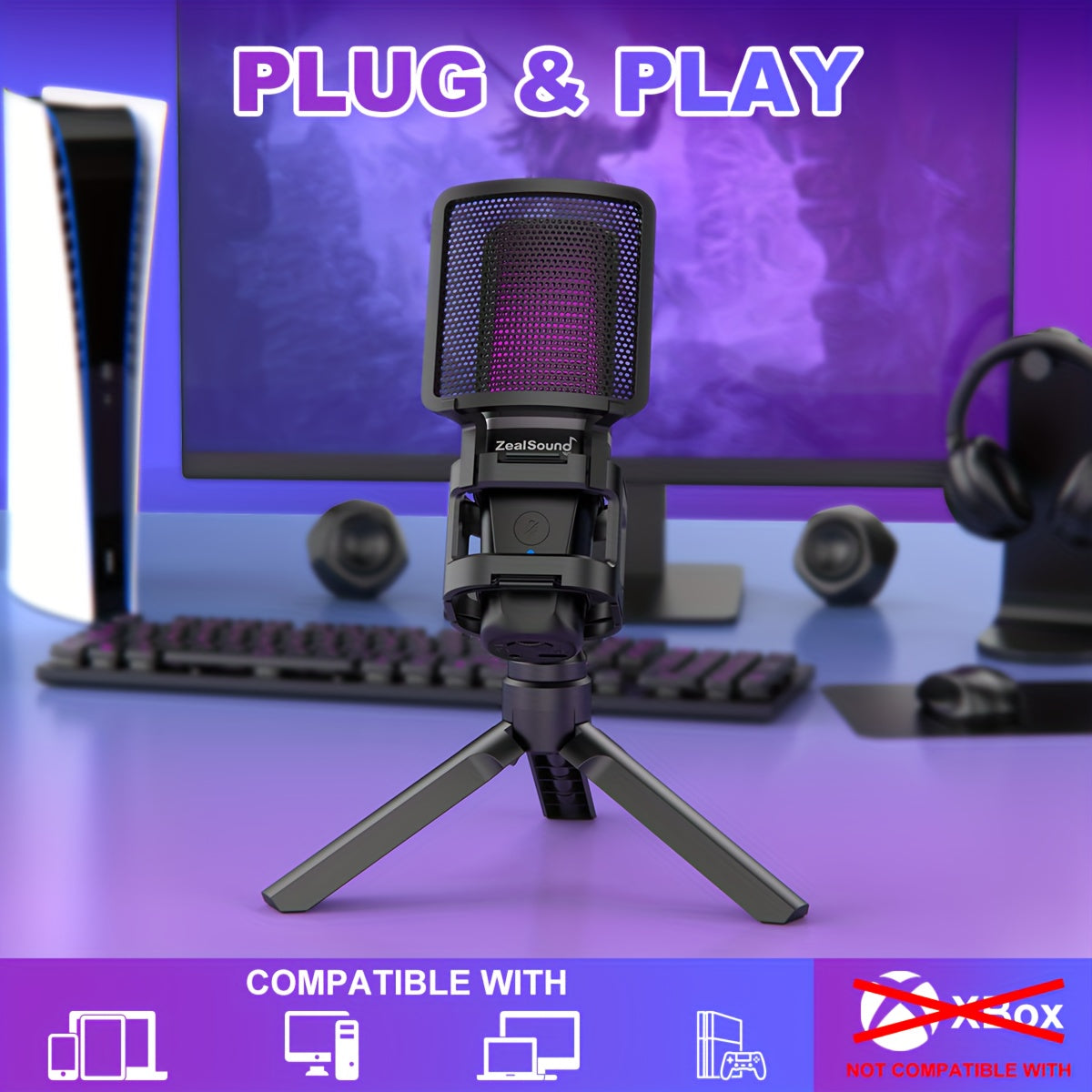 Microfono de Condensador ZealSound USB con Iluminación RGB, Plug and Play para PC, PS4&5, Mac, Teléfono, Perfecto para Discord y Grabaciones en Zoom, Incluye Adaptador Tipo-C, Botón Mute, Soporte Trípode, Filtro Pop & Montura Antivibración