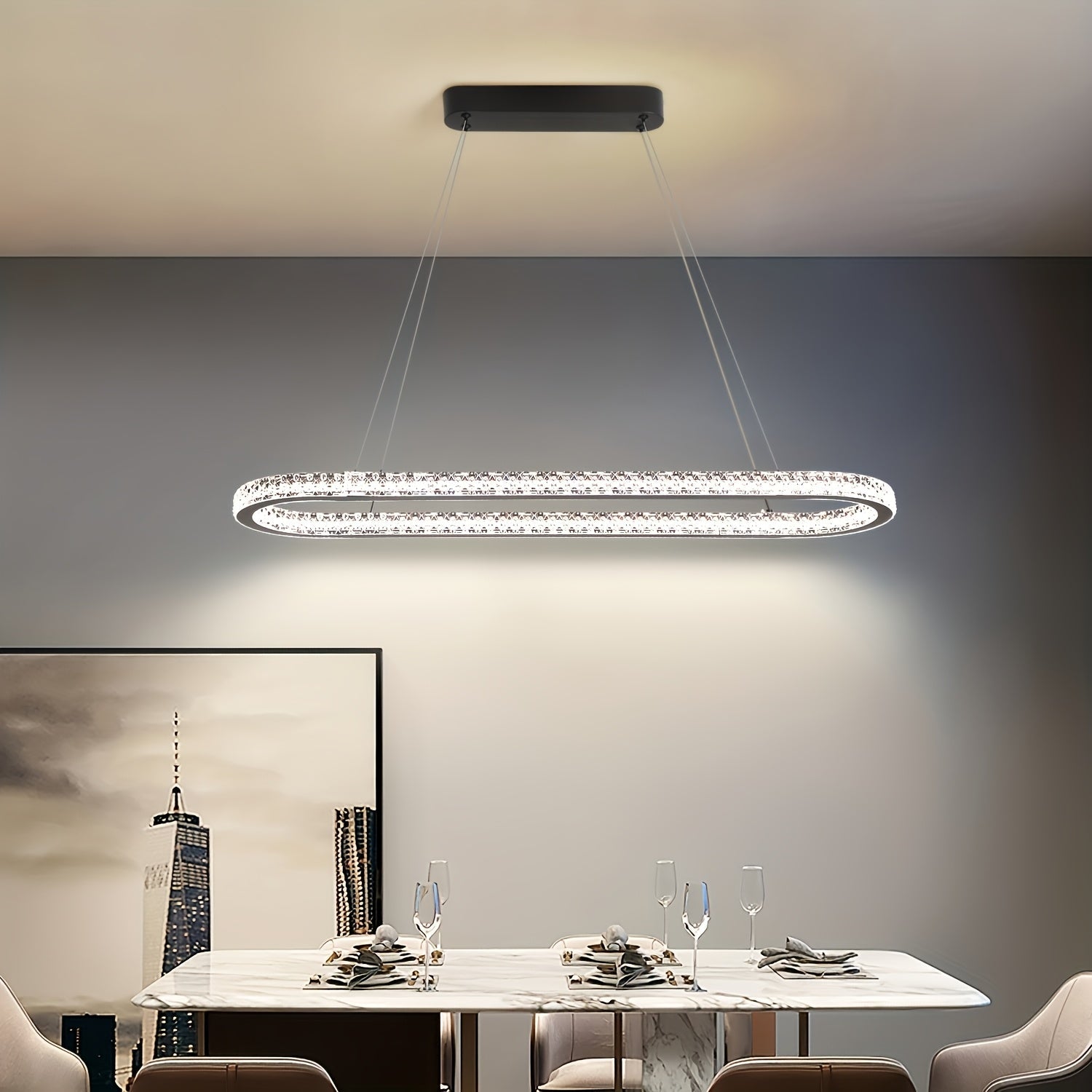 Linterna Colgante para Comedor, Luz de Mesa con LED, Lámpara Suspendida para Sala de Estar y Cocina, Diseño Ovalado Moderno, Araña para Oficina o Café
