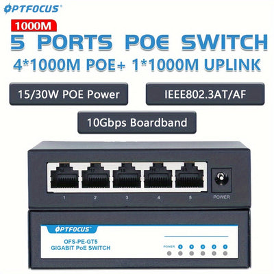Interruptor POE Gigabit de 1000M 10G Boardband Velocidad rápida 5 Puertos Gigabit Ethernet Switch Hub para cámaras CCTV 10/100/1000M RJ45 IEEE802.3ATAF 30W POE Plus Interruptor de red POE