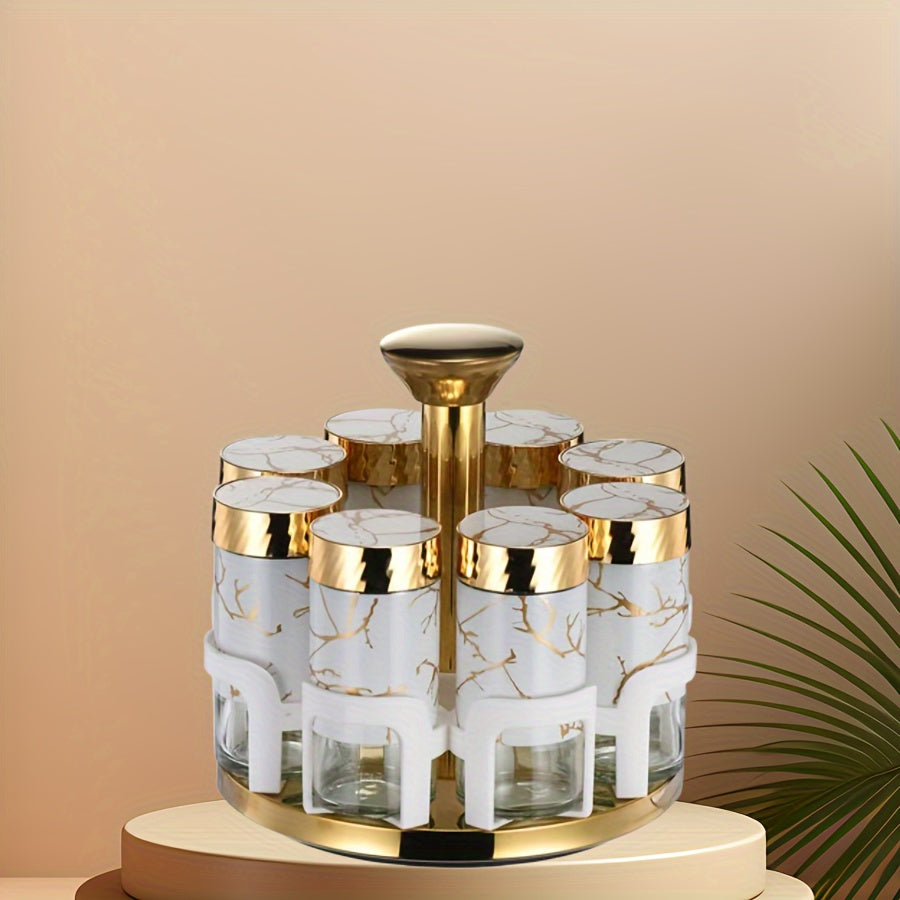 Juego de especias de cocina de 8 botellas con asas doradas - Elegantes frascos de vidrio blanco y dorado para condimentos, pimientas y hierbas, ideales para estanterías giratorias de especias, esenciales para estanterías de especias | Contenedor de espec