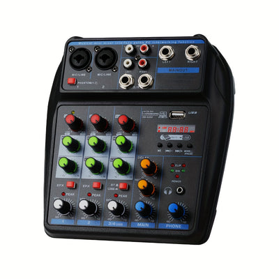 Mixer de audio portátil de 4 canales con interfaz USB - Consola de mezcla de sonido profesional mini DJ para producción de música en casa, karaoke y transmisión en vivo, mixer de audio para coche | Consola de mezcla compacta | Construcción duradera de pl