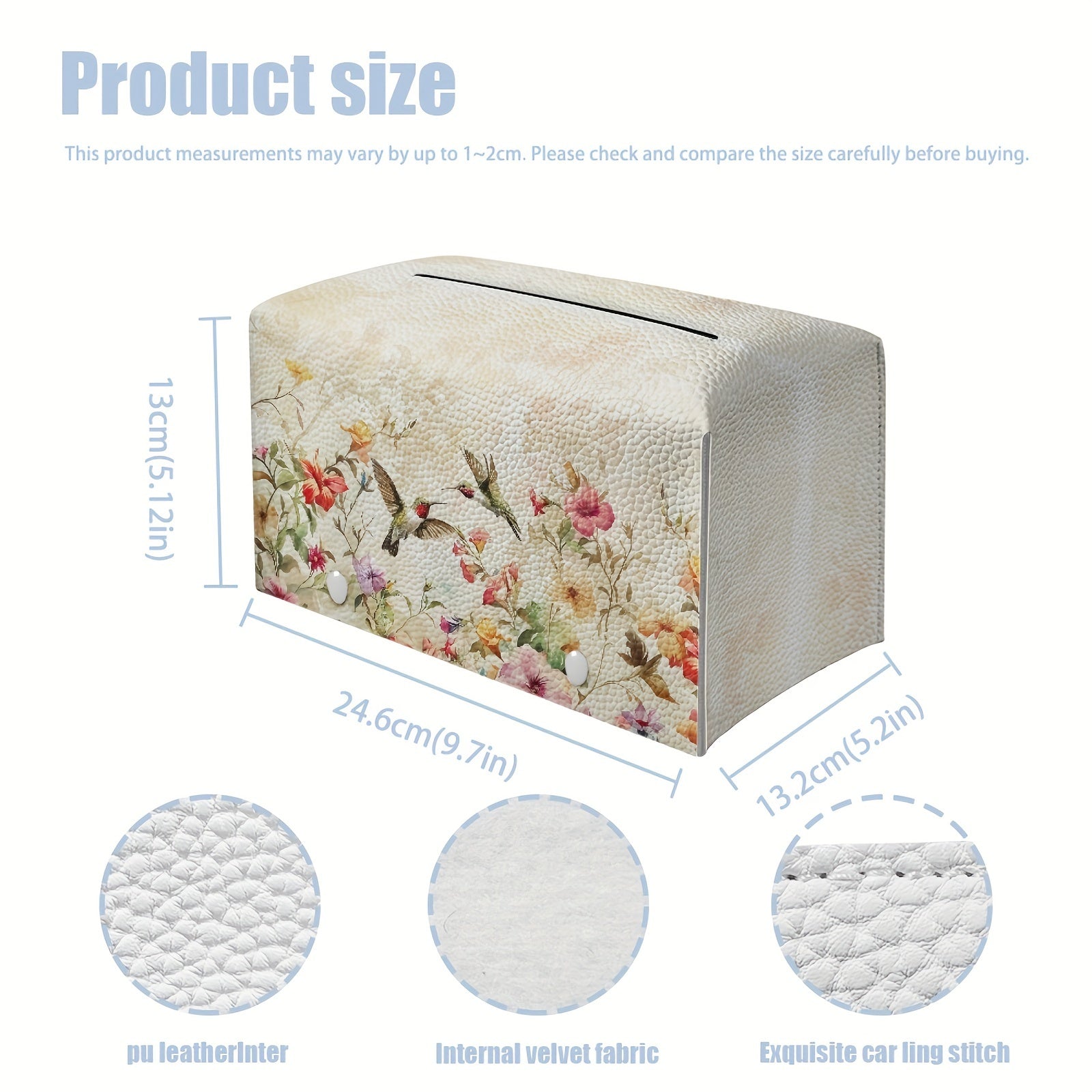 1pc Cubierta de Caja de Pañuelos de Cuero Pu con Cinturón Antideslizante, Estampado Vintage de Flores y Colibrí, Organizador Portátil de Pañuelos, Cubierta Decorativa para Caja de Pañuelos para Sala de Estar, Baño y Oficina