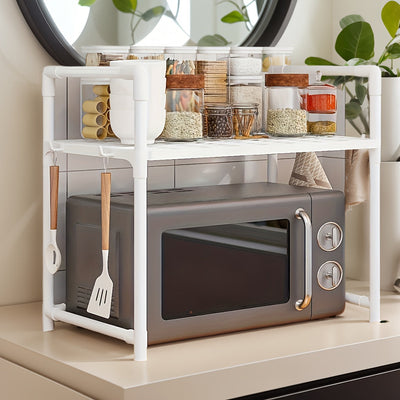 Estantería de Cocina de Almacenamiento Abierto con Compartimento para Microondas - Plástico Duradero, Diseño de Dos Niveles para una Organización Eficiente, Incluye Porta Utensilios y Estantes Espaciosos para Productos Secos, Organizadores y Almacenamien