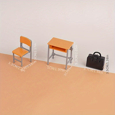 Conjunto de Aula Mini de 6 Piezas, Mesa y Sillas de Plástico con Mochila, Decoración de Casa de Juguete para la Escuela, Vajilla DIY, Exhibición en Casa, Colección Mini, Ocasión de Fiesta, No Requiere Electricidad
