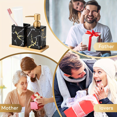 3 piezas de dispensador de jabón de mano de cerámica con patrón de mármol con bandeja de bambú - Negro y dorado, diseño independiente para encimera de baño, ideal para almacenamiento de loción y jabón, organizadores y almacenamiento de baño.