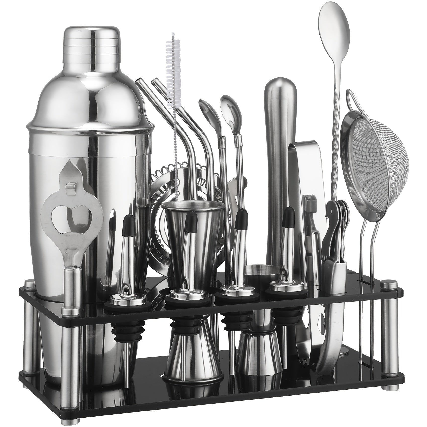 20 piezas Juego de Mixología de Acero Inoxidable con Shaker, Colador, Muddler, Jigger, Cuchara, Filtro de Hielo, Abrebotellas, Salidas de Vino y Soporte de Herramientas de Acrylic - Kit de Barman Completo