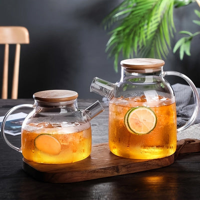 Tetera de vidrio borosilicato con tapa de bambú, 1000ml/1800ml, resistente al calor, jarra de agua de vidrio transparente, pico con filtro removible, apta para estufa y microondas, ideal para té de hojas sueltas y jugo de frutas, regalo perfecto para día