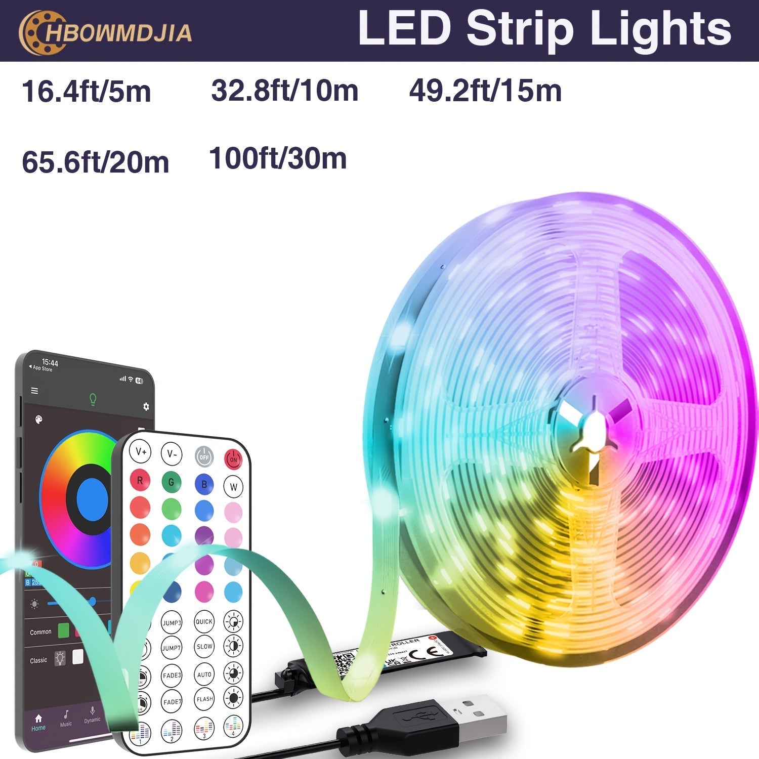 HBOWMDJIA Tiras de Luces LED Inteligentes, 4.88 metros-30.48 metros - Sincronización con Música, Cambio de Color, Alimentadas por USB con App Inalámbrica y Control Remoto - Ideales para Ambiente de Dormitorio, Fiestas en Casa y Decoraciones de Hoteles, L