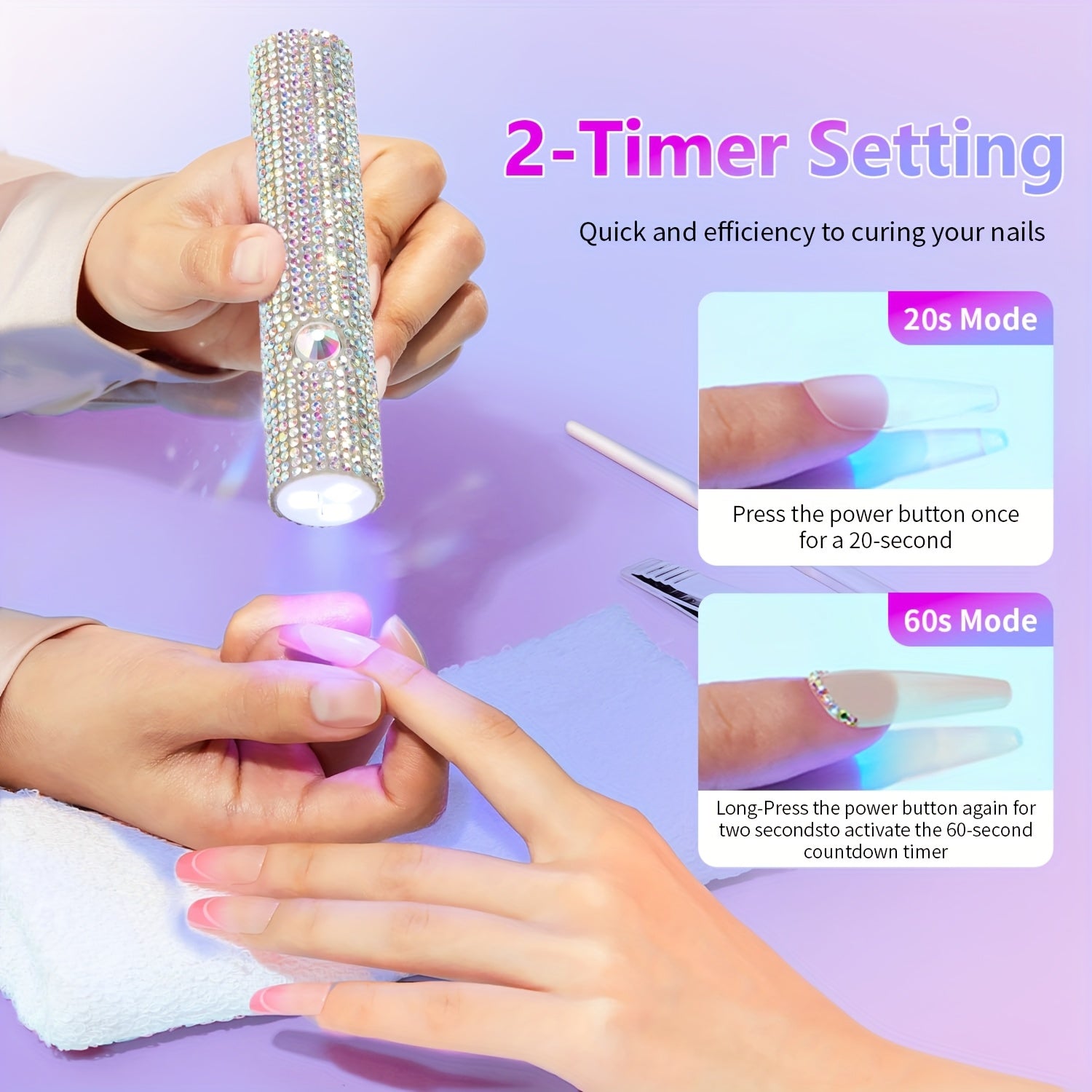 Lámpara de esmalte de uñas miniatura portátil con diamantes de imitación brillantes - Luz de manicura portátil, recargable por USB, batería incorporada, regalo perfecto para mujeres en vacaciones y cumpleaños, suministros de arte de uñas