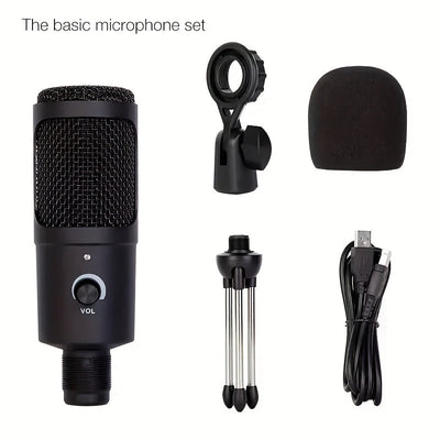Micrófono de condensador USB con cable para computadoras y teléfonos, adecuado para karaoke, grabación, audiolibros y transmisión en vivo.