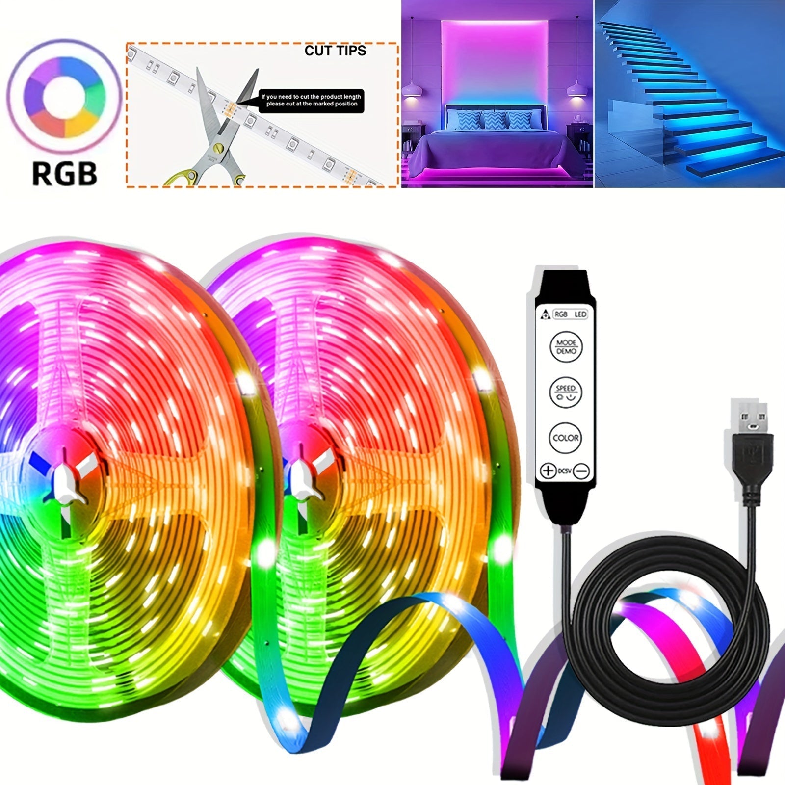 Tiras de luces LED inteligentes BJ-5VRGB de 4.88 metros a 30.48 metros - Interfaz USB, Control de 3 botones, Color y brillo ajustables, Longitud personalizable, Perfectas para fiestas de cumpleaños, fiestas, festivales, decoración de dormitorio, luces de