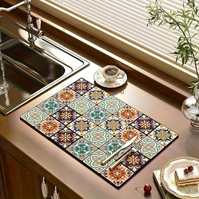 1 pieza de Estilo Bohemio Tapete para Café de Secado Rápido - Antideslizante, Protector de Encimera de Microfibra Absorbente, Especialmente Adecuado para Máquinas de Café y Cafeteras, Patrón Floral Multicolor, Muy Adecuado para Uso en Cocina, Almohadilla