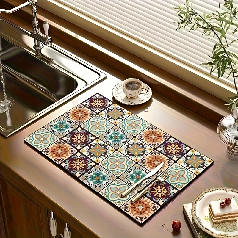 1 pieza de Estilo Bohemio Tapete para Café de Secado Rápido - Antideslizante, Protector de Encimera de Microfibra Absorbente, Especialmente Adecuado para Máquinas de Café y Cafeteras, Patrón Floral Multicolor, Muy Adecuado para Uso en Cocina, Almohadilla