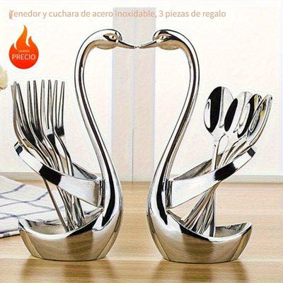 2 Elegantes Porta Cubiertos en Forma de Cisne de Acero Inoxidable, Equipados con un Juego Adicional de 3 Tenedores y 3 Cucharas - Perfecto para Servicios de Catering