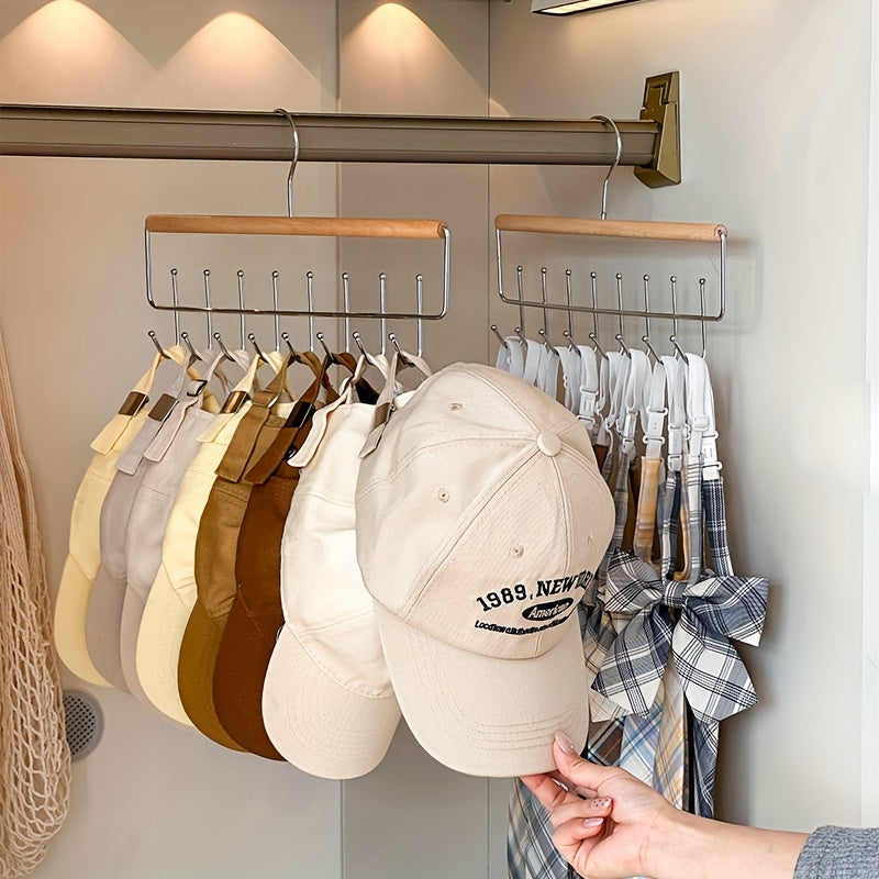 1 pieza de organizador de sombreros de madera versátil con ganchos - Ideal para gorras, cinturones, corbatas y almacenamiento de accesorios - Solución de armario que ahorra espacio para el hogar, dormitorio o exhibición en tiendas, organizador de ropa