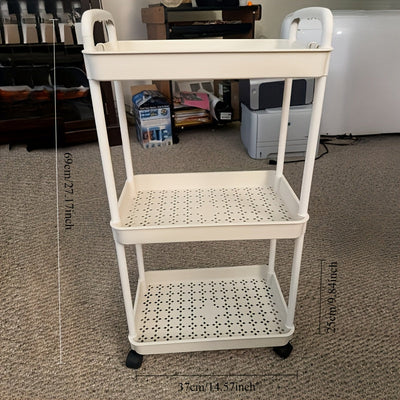 Carrito de Almacenamiento Rodante de Plástico Blanco de 3 Niveles con Asa - Organizador Multiusos para Cocina, Baño y Dormitorio - Estantes de Malla Duraderos para Acceso Fácil, Carro Utilitario Móvil | Almacenamiento Moderno | Almacenamiento Ventilado