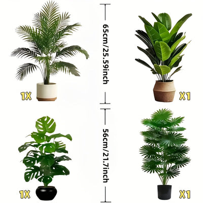 Juego de 4 piezas, incluye combinación de plantas artificiales de hojas grandes. Ideal para exteriores—árbol decorativo tropical de hoja ancha, macetas para interior y exterior todo el año, bodas, hoteles, jardines, patios estilo nórdico, árboles falsos
