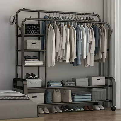 Perchero Metálico Rodante, Colgador de Doble Barra con 4 Ganchos Laterales y Estante Inferior de 2 Niveles, Ideal para Dormitorio u Oficina en Casa, Organizador de Armario Abierto con Ruedas, Secado de Ropa,